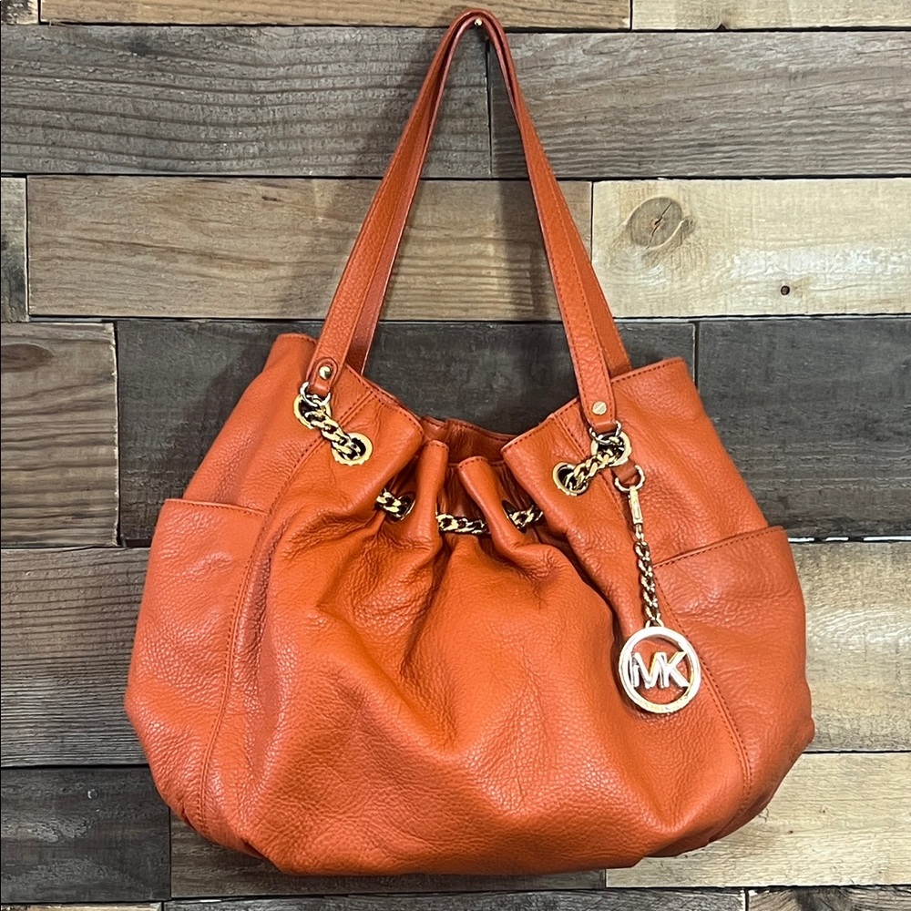 Michael Kors Orange/Rust Leather Hobo Shoulder Bag with gold hardware